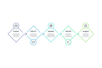 Step line infographic. 5 step square presentation graphic, business pr