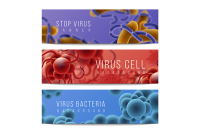 Viruses and bacteria banners. Germs infection and microbiology 3D obje