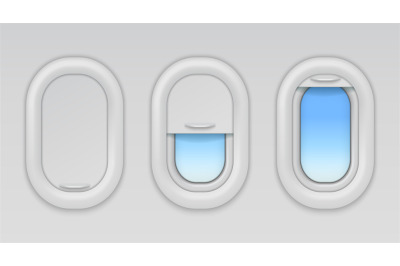 Airplane windows. Aircraft portholes with blue sky and fuselage backgr