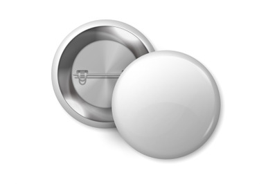 White round badge mockup. Pin button blank merchandise&2C; realistic 3D m