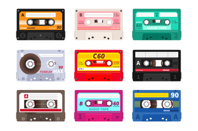 Retro cassettes. Vintage 1980s music tape, dj rave party mix, realisti