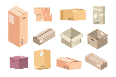 Flat cardboard boxes. Carton parcels delivery, open and closed isolate