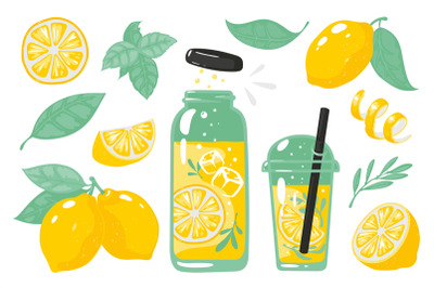 Hand drawn yellow lemon. Summer cold lemonade with slices of lemon bot