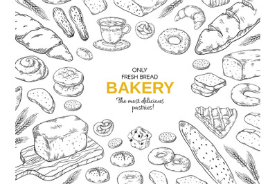 Bakery frame. Hand drawn bread and cookies banner for menu&2C; sweet pies