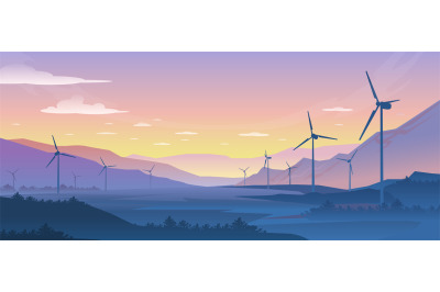 Mountain ecology landscape. Sustainable wind energy turbines silhouett