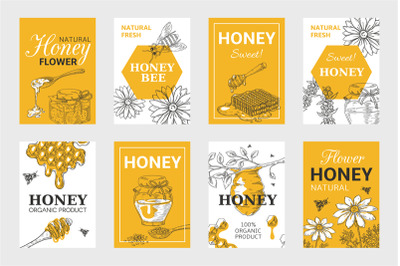 Honey sketch poster. Honeycomb and bees flyer set, organic food design