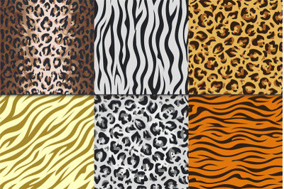 Seamless animal prints. Leopard tiger zebra skin patterns, texture str