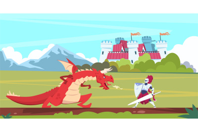 Medieval cartoon scene. Dragon and knight warrior fight, monster and p