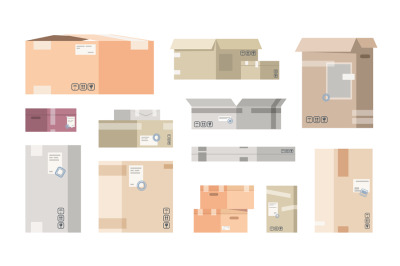 Flat cardboard boxes. Carton warehouse packs, 3D cargo packages, isola