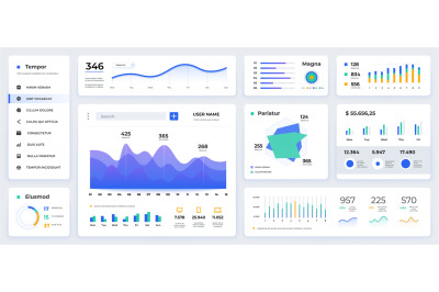 Dashboard UI. Modern presentation with data graphs and HUD diagrams, c