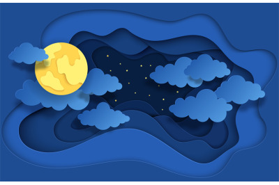 Paper cut night sky. Dreamy background with moon stars and clouds&2C; abs