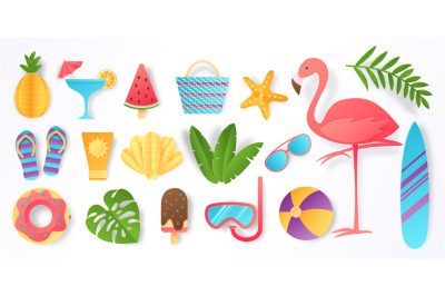 Paper cut summer elements. Trendy tropical leaves pink flamingo and be