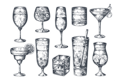 Hand drawn cocktails. Glasses with alcoholic drinks tonic and lemonade