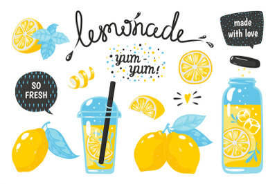 Hand drawn lemonade. Lemon juice bubble drink with labels and typograp