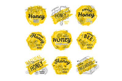 Honey sketch logos. Hand drawn bees and honeycomb labels design, bumbl