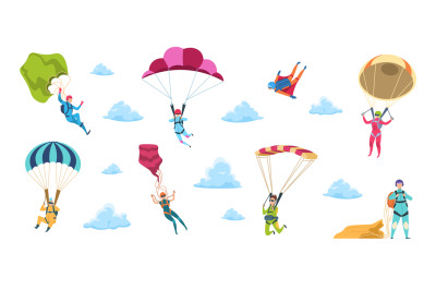 Cartoon skydivers. Sky jump with parachute and paraglider, extreme dan