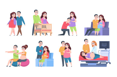 Couple pregnancy characters. Woman and newborn baby activities, young