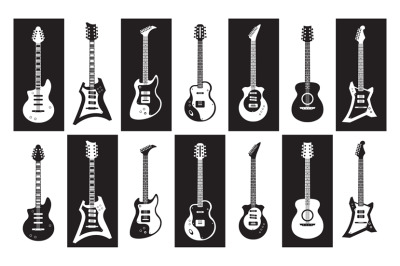 Guitars. Black and white electric and acoustic rock guitars of differe