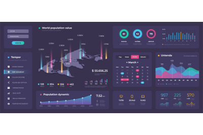 Infographic dashboard template. White modern web app UI with graphs ro