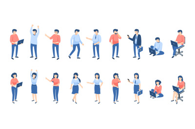 Isometric people. Male and female persons, different businessmen stude