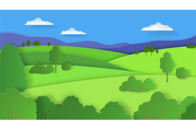 Paper cut landscape. Nature cartoon scene with green hills blue sky mo