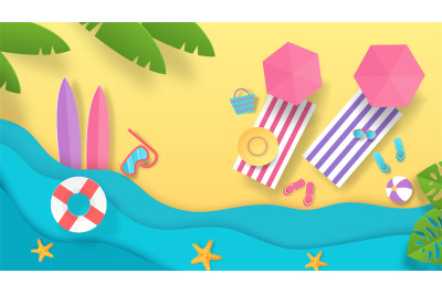 Paper cut summer beach. Vacation background with top view of waves umb