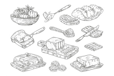 Hand drawn butter. Sketch breakfast culinary ingredient, drawn composi