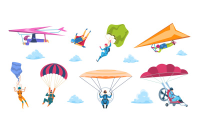 Cartoon skydivers. Paraglider skydivers, flat falling characters with