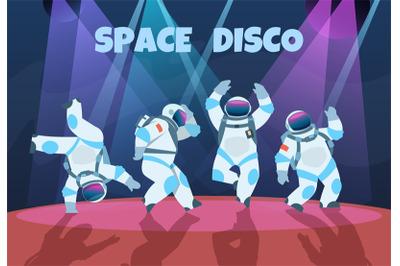 Party astronauts. Retro dancing spaceman&2C; disco entertainment poster w