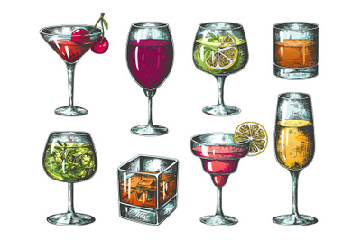 Hand drawn cocktails. Colored glasses with alcoholic beverages and lem