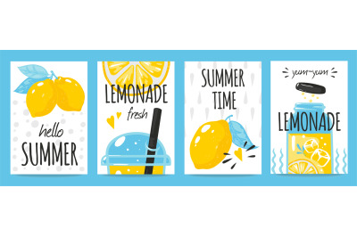 Hand drawn lemon posters. Quote typography and summer lemonade drink v