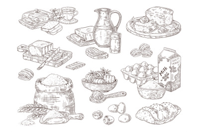 Hand drawn bakery goods. Butter milk eggs and flour culinary ingredien