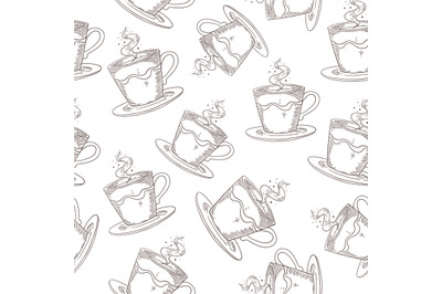 Hand drawn coffee pattern. Cute seamless print with coffee or tea mugs