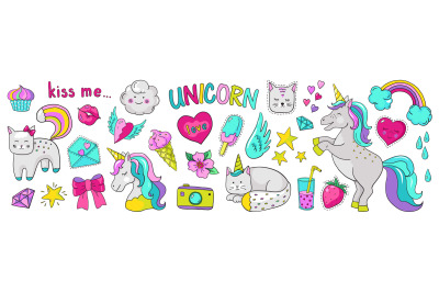 Doodle unicorn stickers. Pop art fashion elements&2C; modern trendy comic