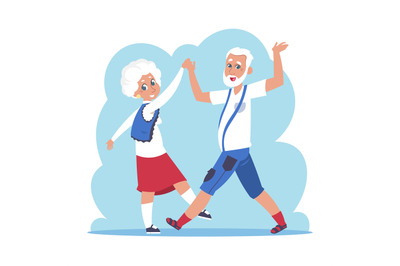 Old couple dancing. Cartoon happy granny and grandpa dancing, flat eld