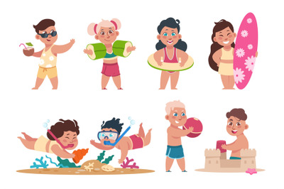 Kids at beach. Cartoon happy children swimming playing ball and doing