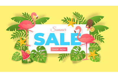 Paper cut summer sale. Abstract banner with flamingo and exotic leaves