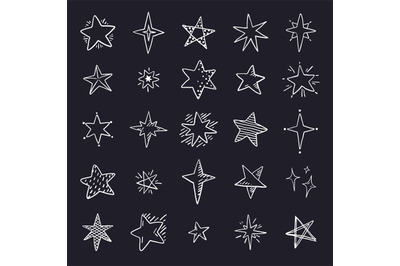 Doodle stars on black background. Cute pen sketch space elements, simp