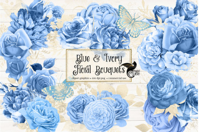 Blue and Ivory Floral Bouquets Clipart