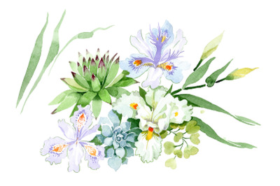 Bquet with white irises watercolor PNG