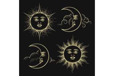 Hand Drawn Sun and Crescent Moon Esoteric Signs set