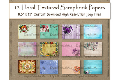 Floral Digital Paper 11&quot; x 8.5&quot; Flowers Textured scrapbook paper pages