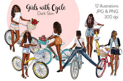 Watercolor Fashion Clipart - Girls with Cycle - Dark Skin