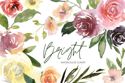 Watercolor Bright Roses Flowers, Bouquets and Pattern PNG