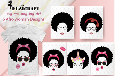 5 Afro Woman Face Designs SVG Cut Files