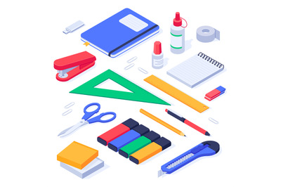 Isometric office supplies. School stationery tools, pencil eraser and