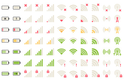 Mobile level icons. Network signal, wifi connection and battery levels