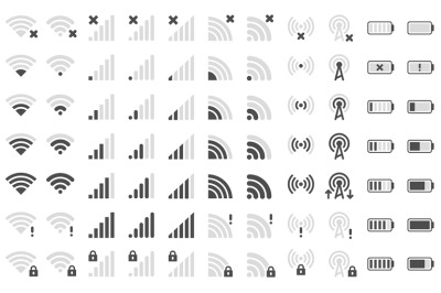 Mobile phone bar icons. Smartphone battery charge level, wifi signal s