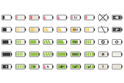 Battery charge icons. Powered indicator, charging empty batteries and