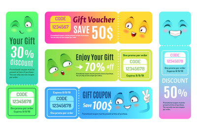 Smiling promo voucher. Happy gift coupon&2C; funny deal vouchers and gift